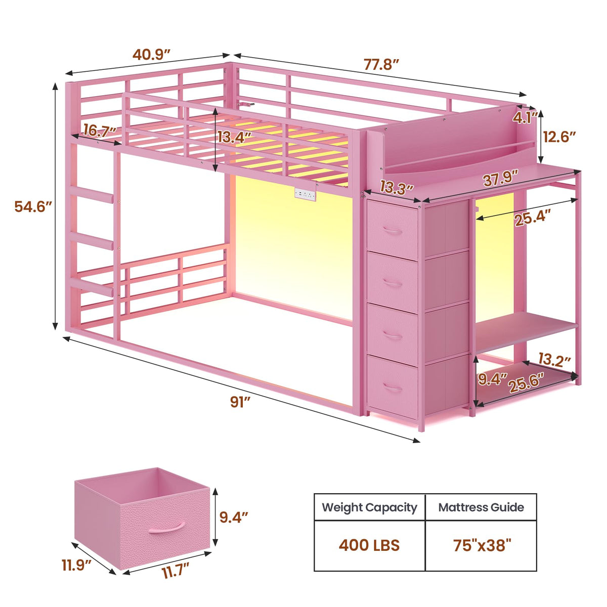 Pink Twin Over Twin Bunk Bed with Bookshelf & Storage Drawer Q121