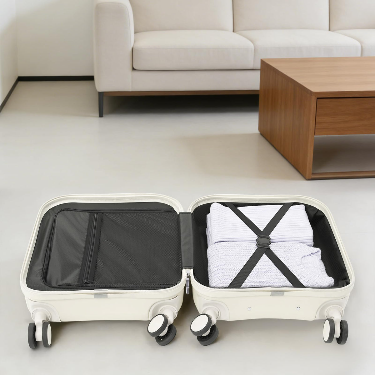 Pearl White 18In Hardside Rolling Suitcase with Cup Holder & USB Port M1625