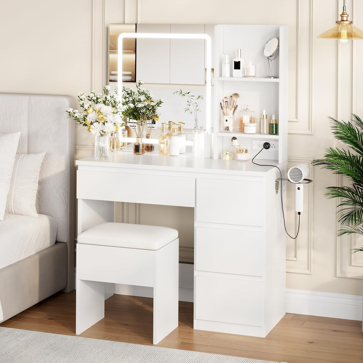 White Vanity Desk with Mirror and LED Light G988470