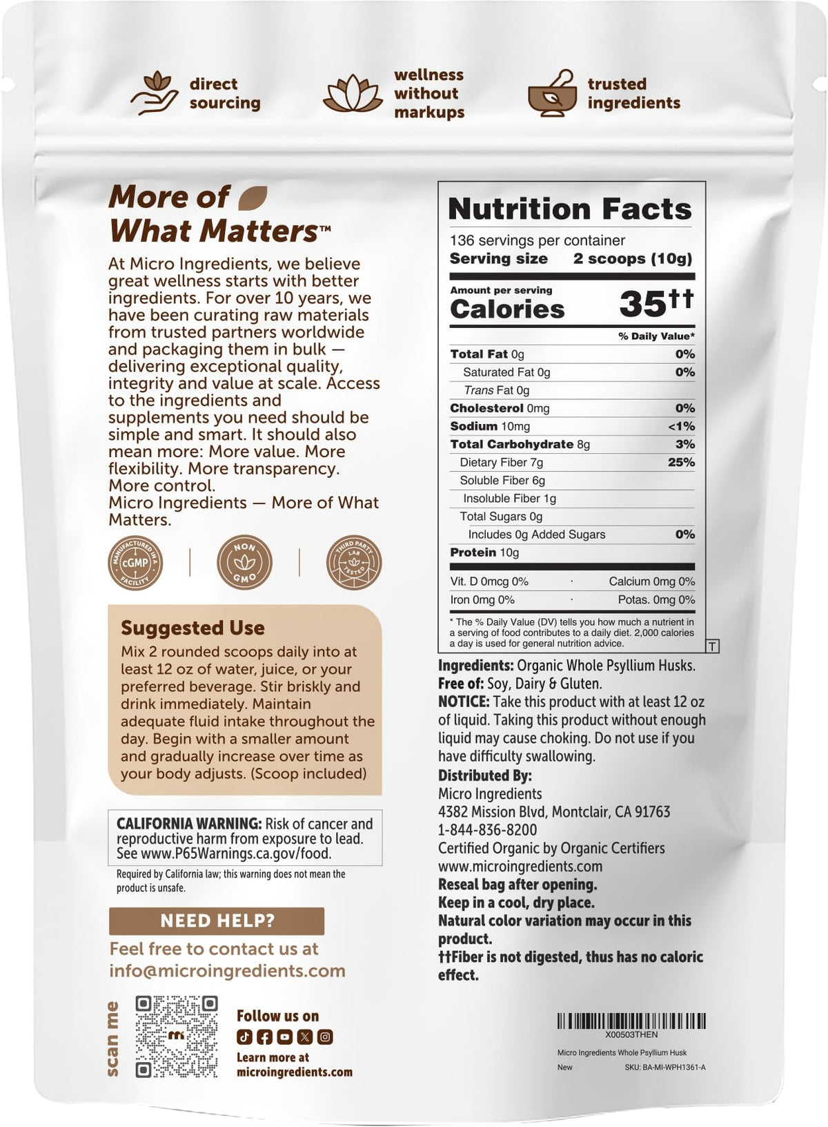 Organic Whole Psyllium Husks 3lbs Unflavored Soluble Fiber Supplement A95312