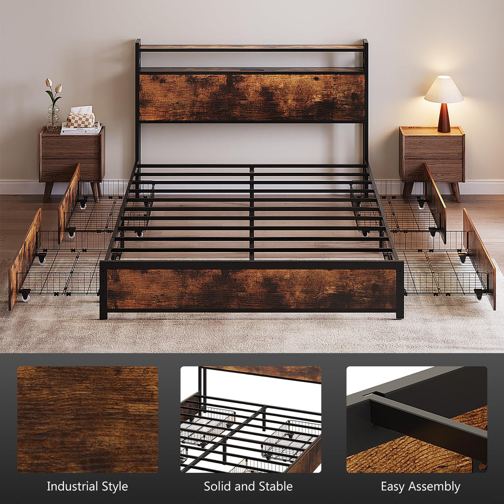 Queen Bed Frame with 4 Storage Drawers and Headboard D907