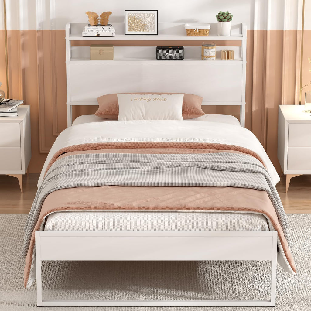 White Metal Twin Bed Frame with 2-Tier Storage Headboard H5039