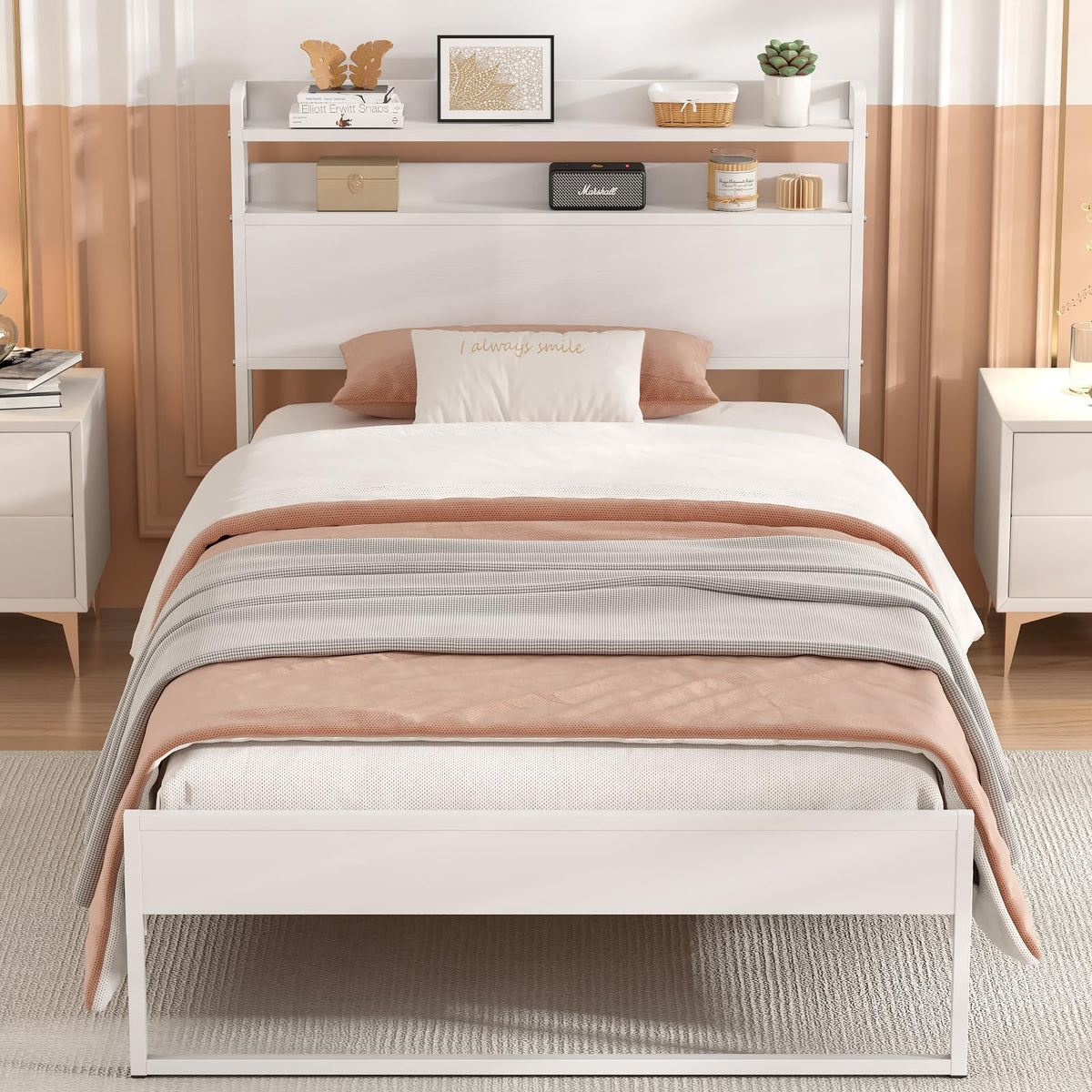 White Metal Twin Bed Frame with 2-Tier Storage Headboard H5039