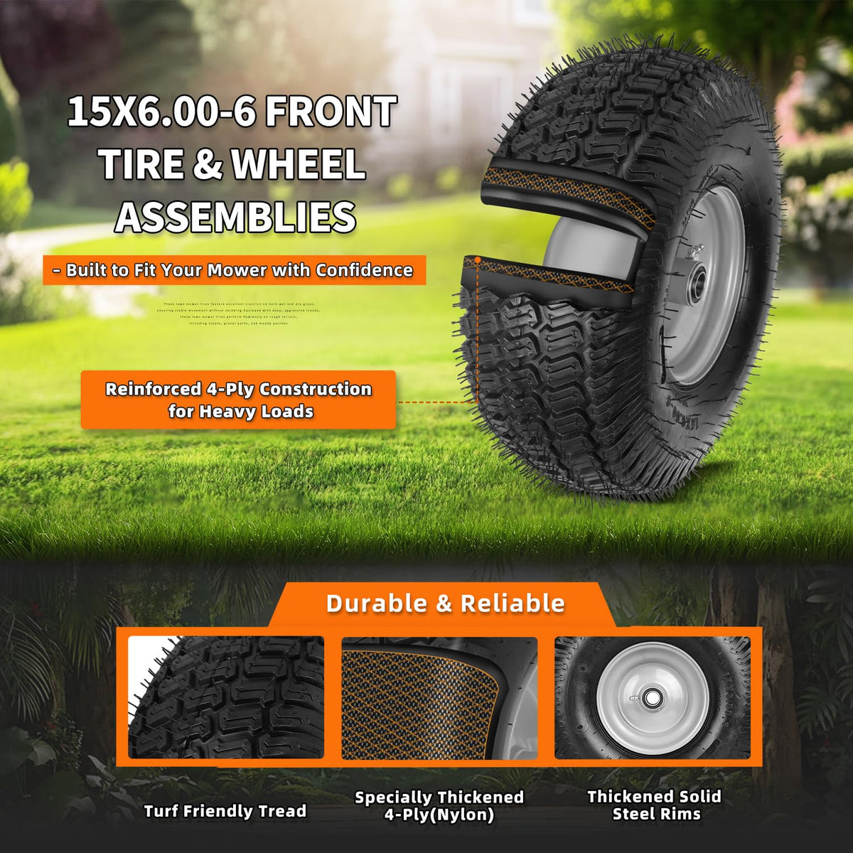 2 Pack 15x6.00-6nhs Tubeless Lawn Mower Tires and Wheel B445896