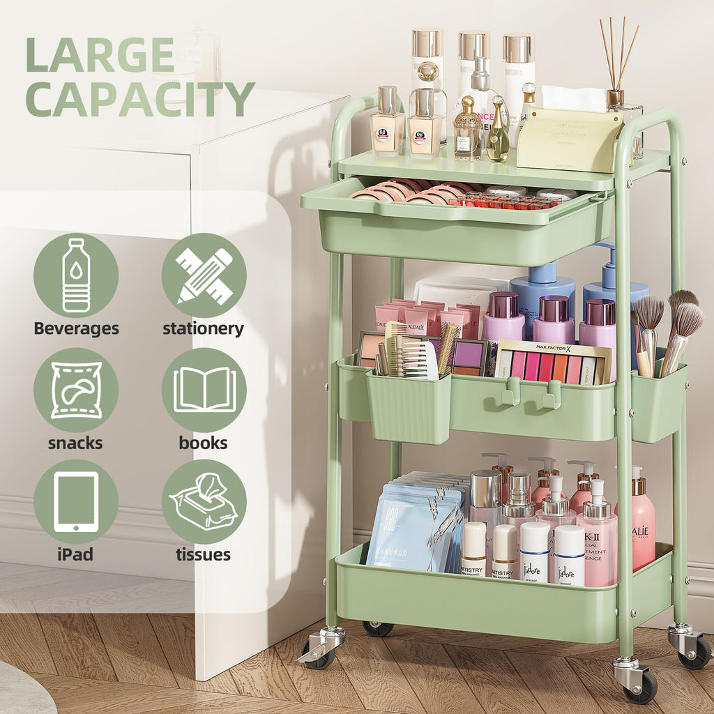 3 Tier Metal Rolling Cart with Drawer M428