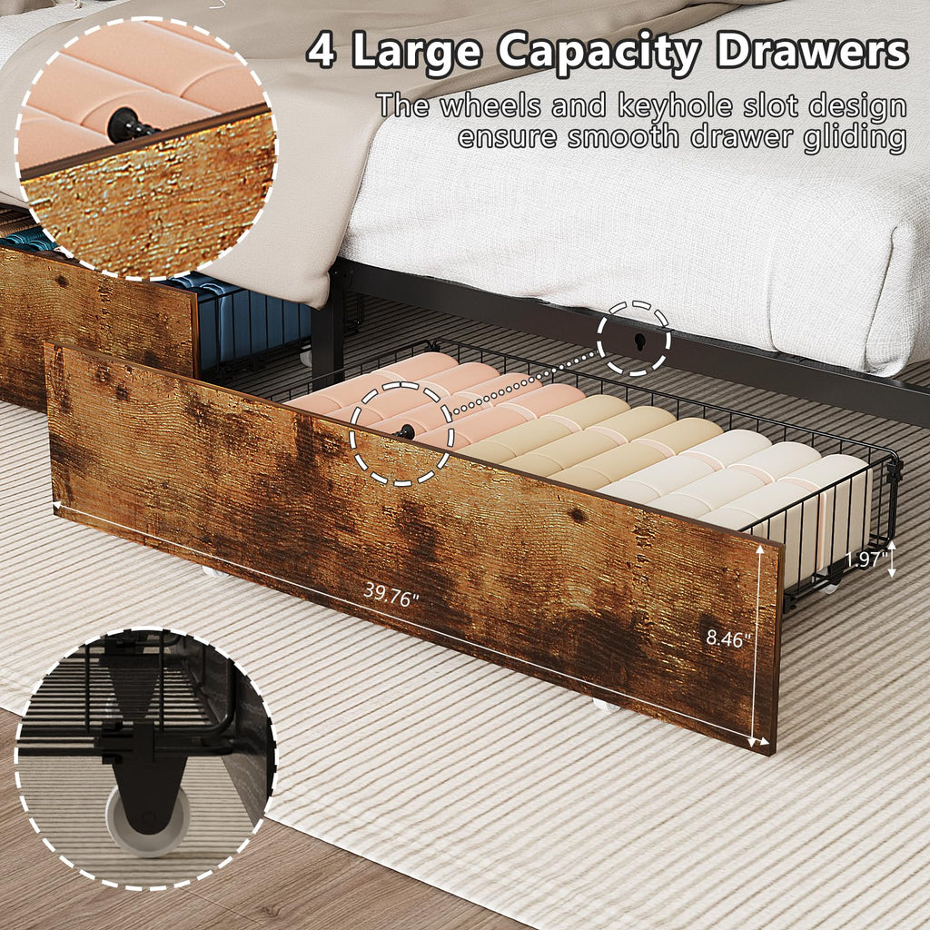 Queen Bed Frame with 4 Storage Drawers and Headboard D907