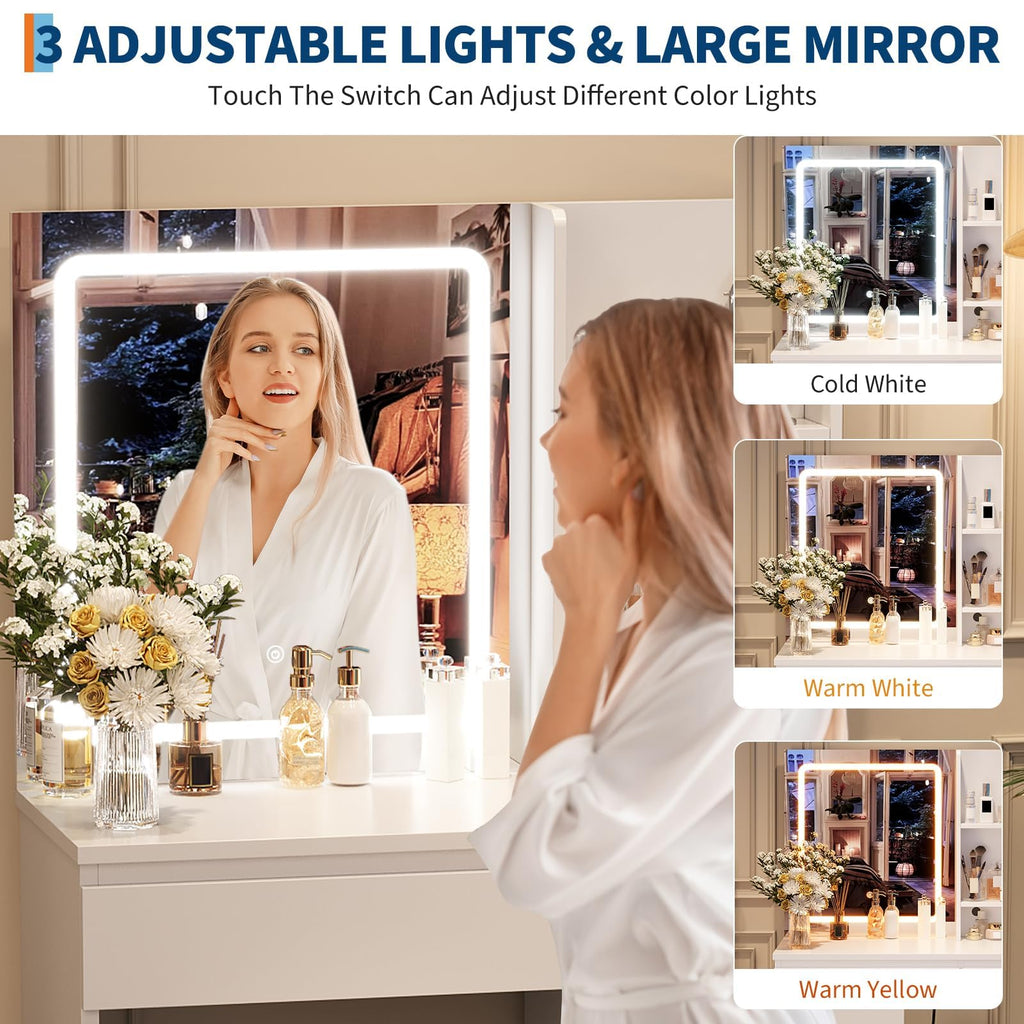 White Vanity Desk with Mirror and LED Light G988470