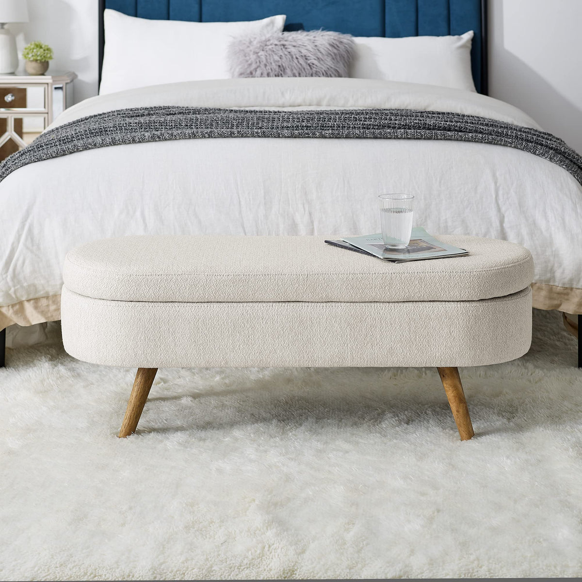 43.5" L Upholstered Linen Storage Ottoman Bench with Rubber Wood Legs F593