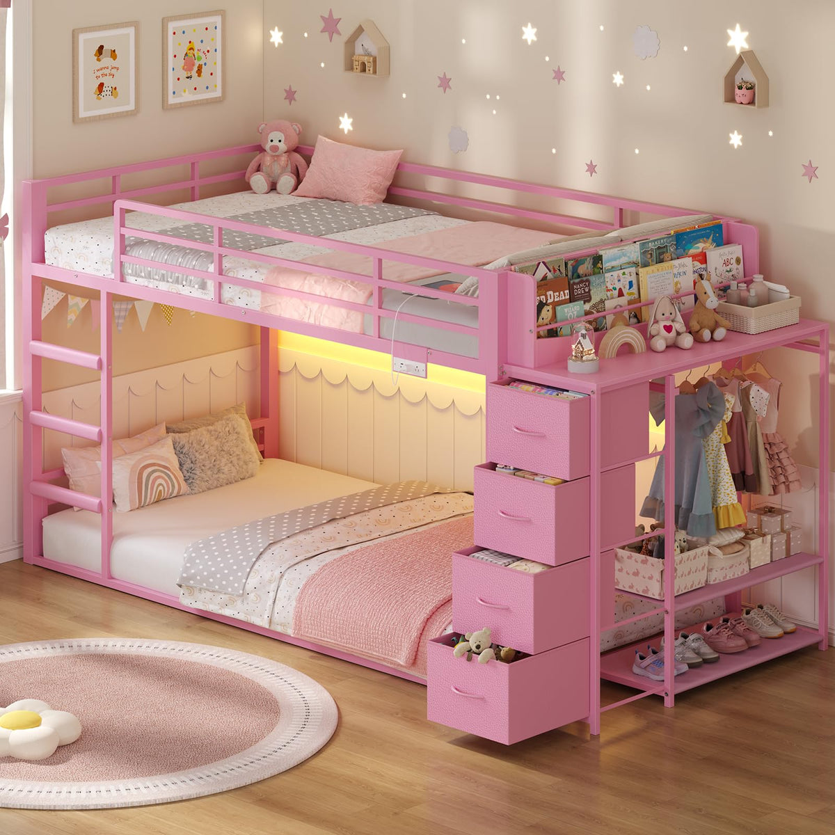 Pink Twin Over Twin Bunk Bed with Bookshelf & Storage Drawer Q121