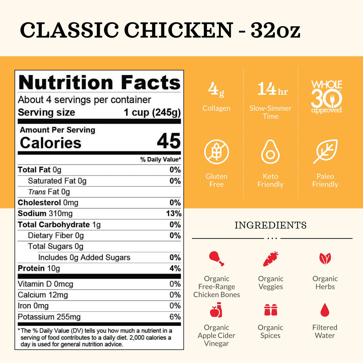Chicken Bone Broth 4 Pack 32 Ounces W30717