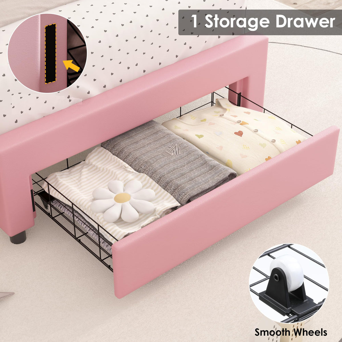 Pink Twin Upholstered Platform Bed Frame with Storage Drawer V500