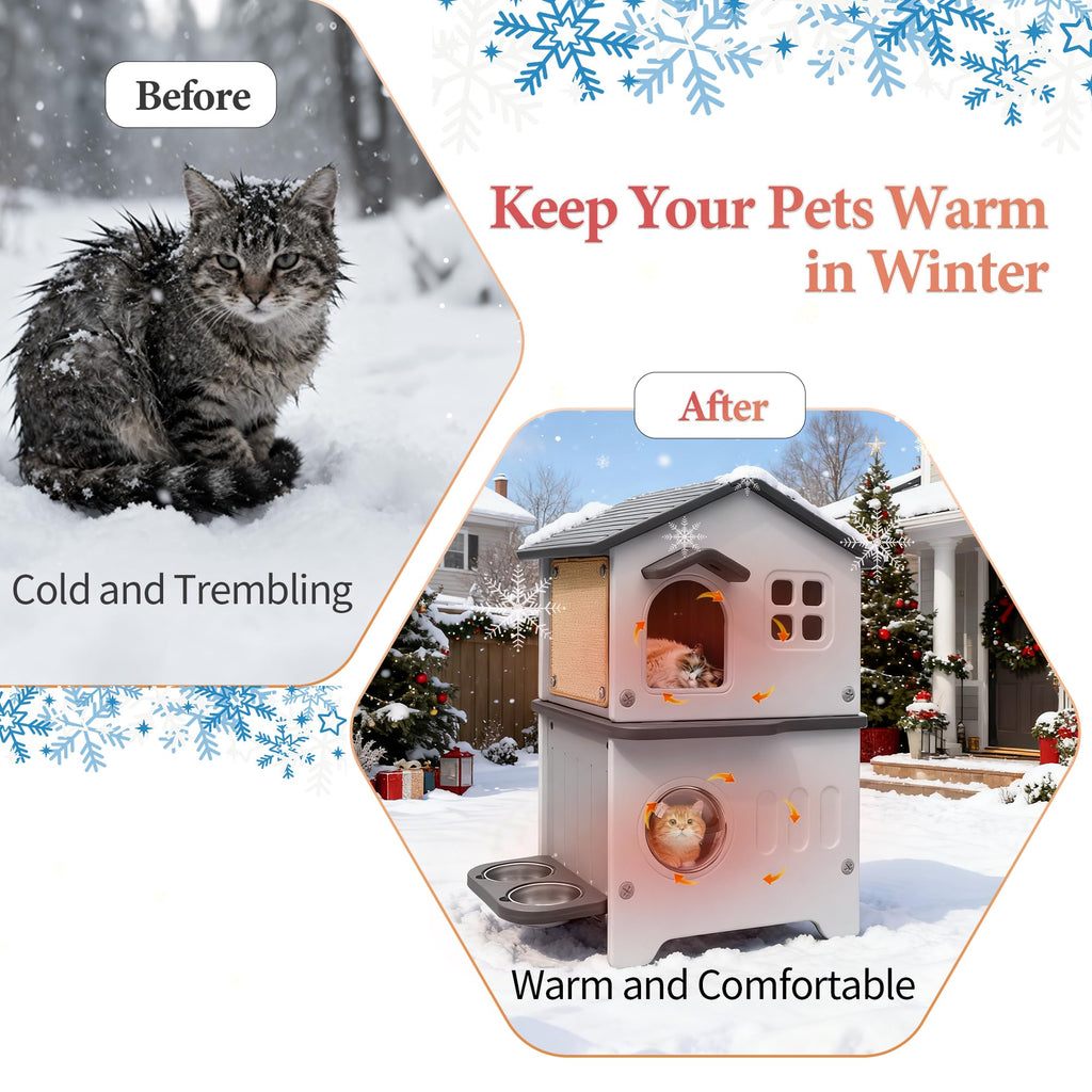 Insulated Outdoor Plastic Cat House with Cat Bowls J5156