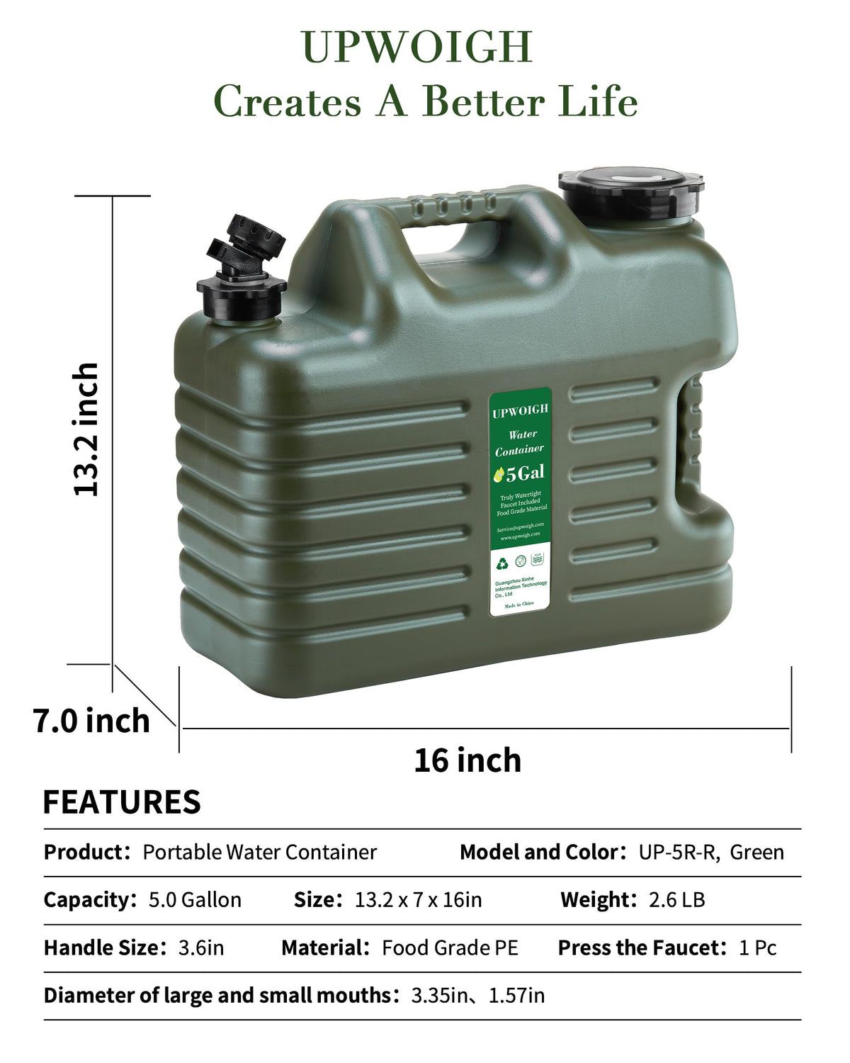 5 Gallon Camping Water Jug with Spigot, Military Green, 2 Pack X20844