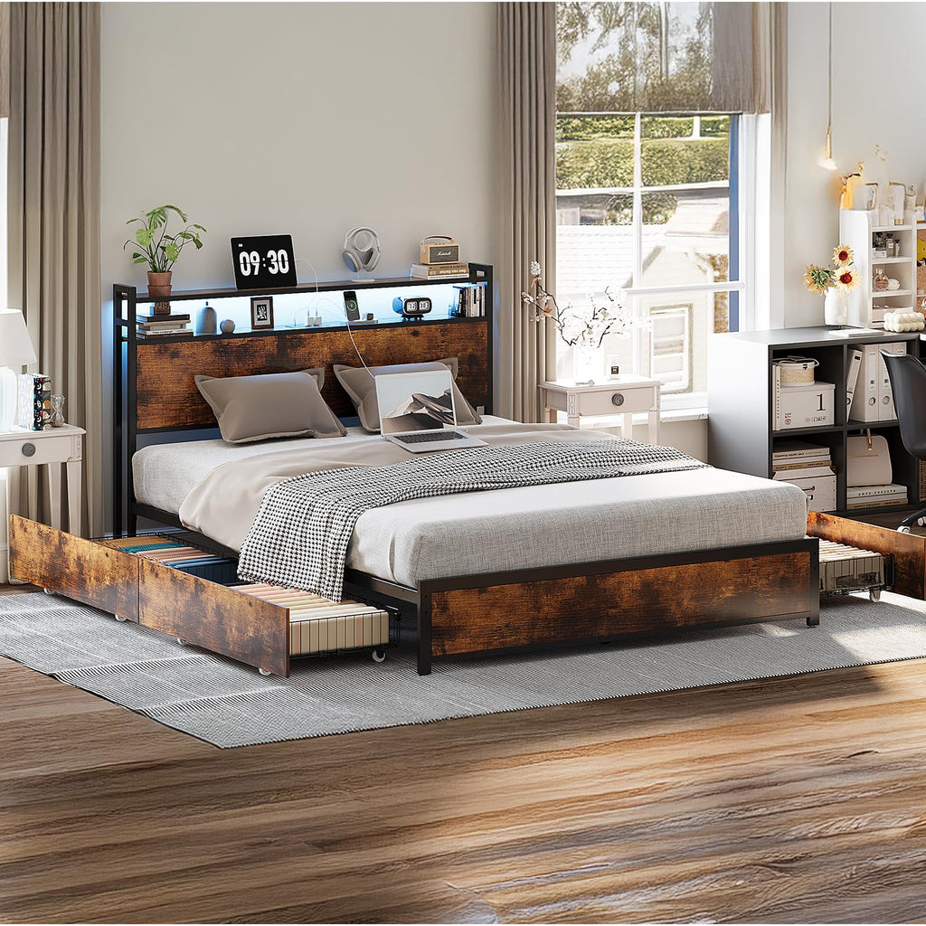 Queen Bed Frame with 4 Storage Drawers and Headboard D907