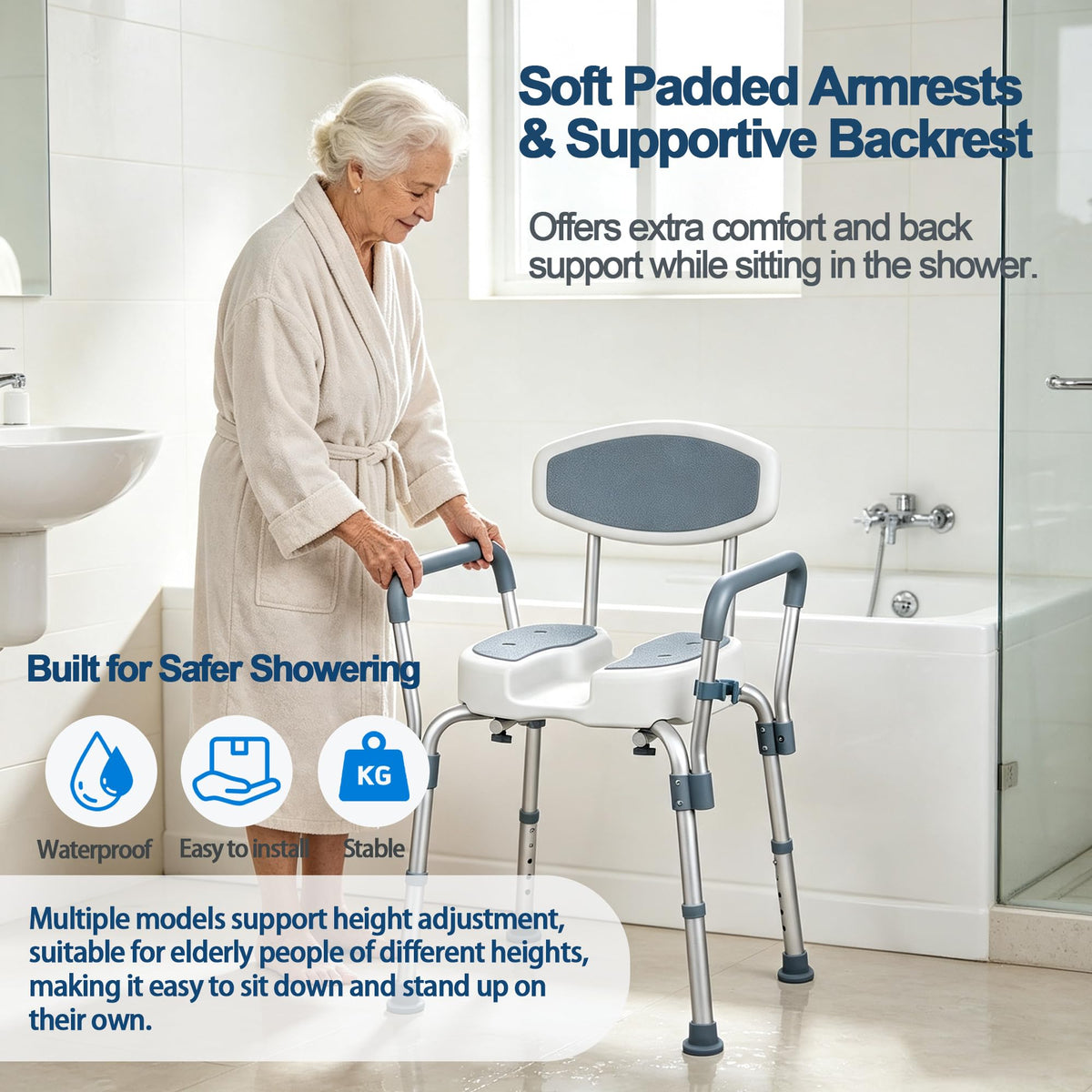 Height Adjustable Shower Chair with Padded Armrests J109