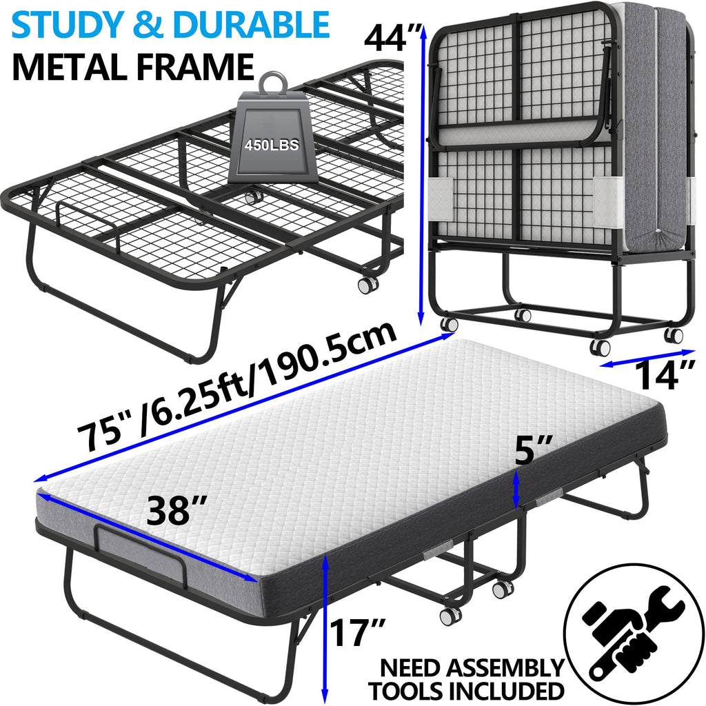 Folding Bed with 5" Memory Foam Mattress Twin Size Metal Frame A1970