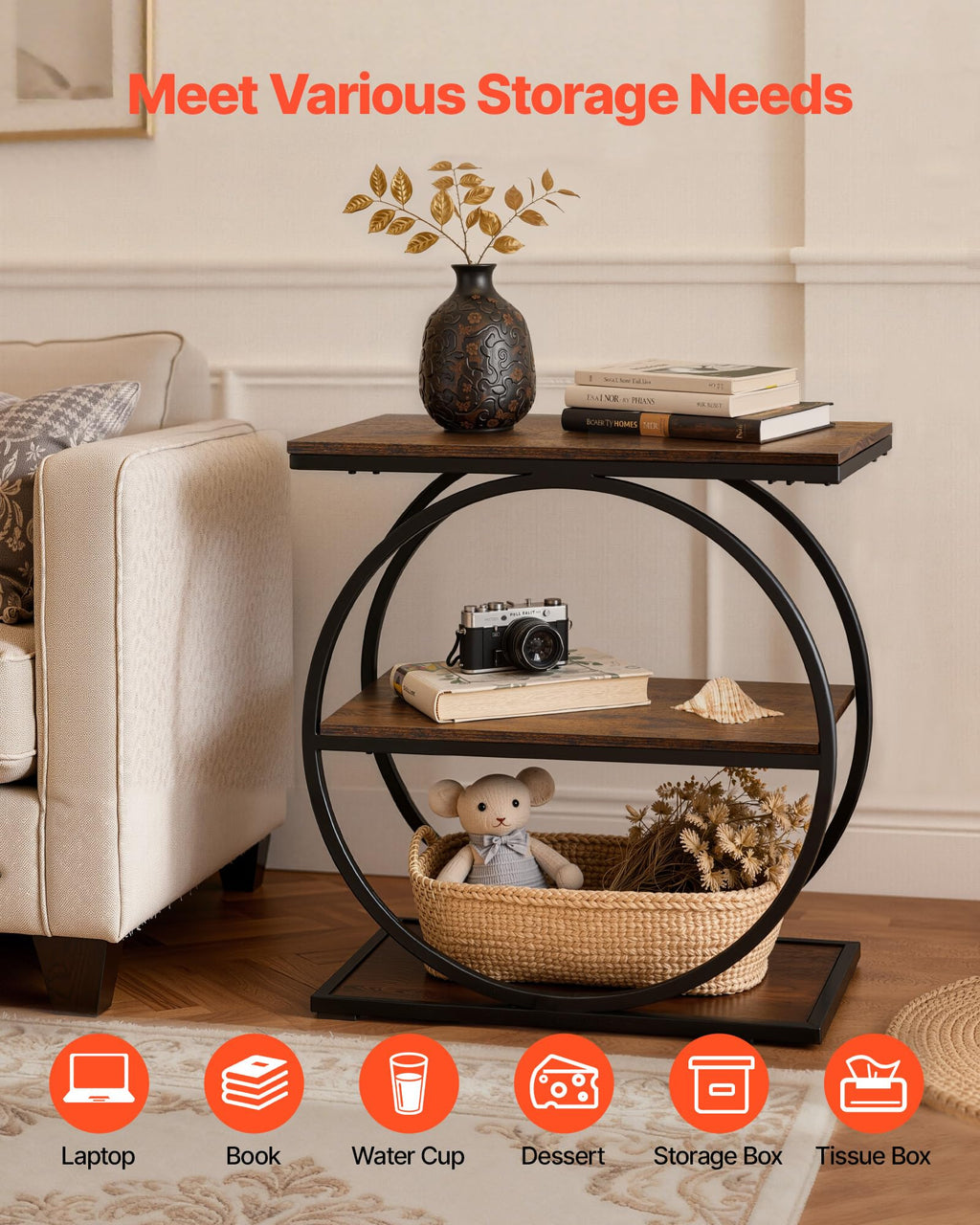 3-Tier Narrow Side Table with Open Storage Shelves Y4449