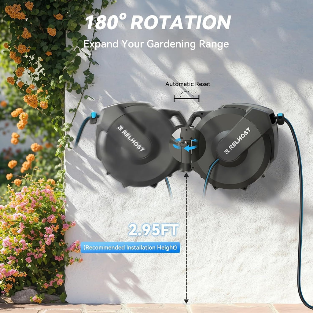 Retractable Garden Hose Reel, 1/2 in x 100 ft Wall Mount Heavy Duty with 10-Pattern Nozzle, Dark Grey Q552