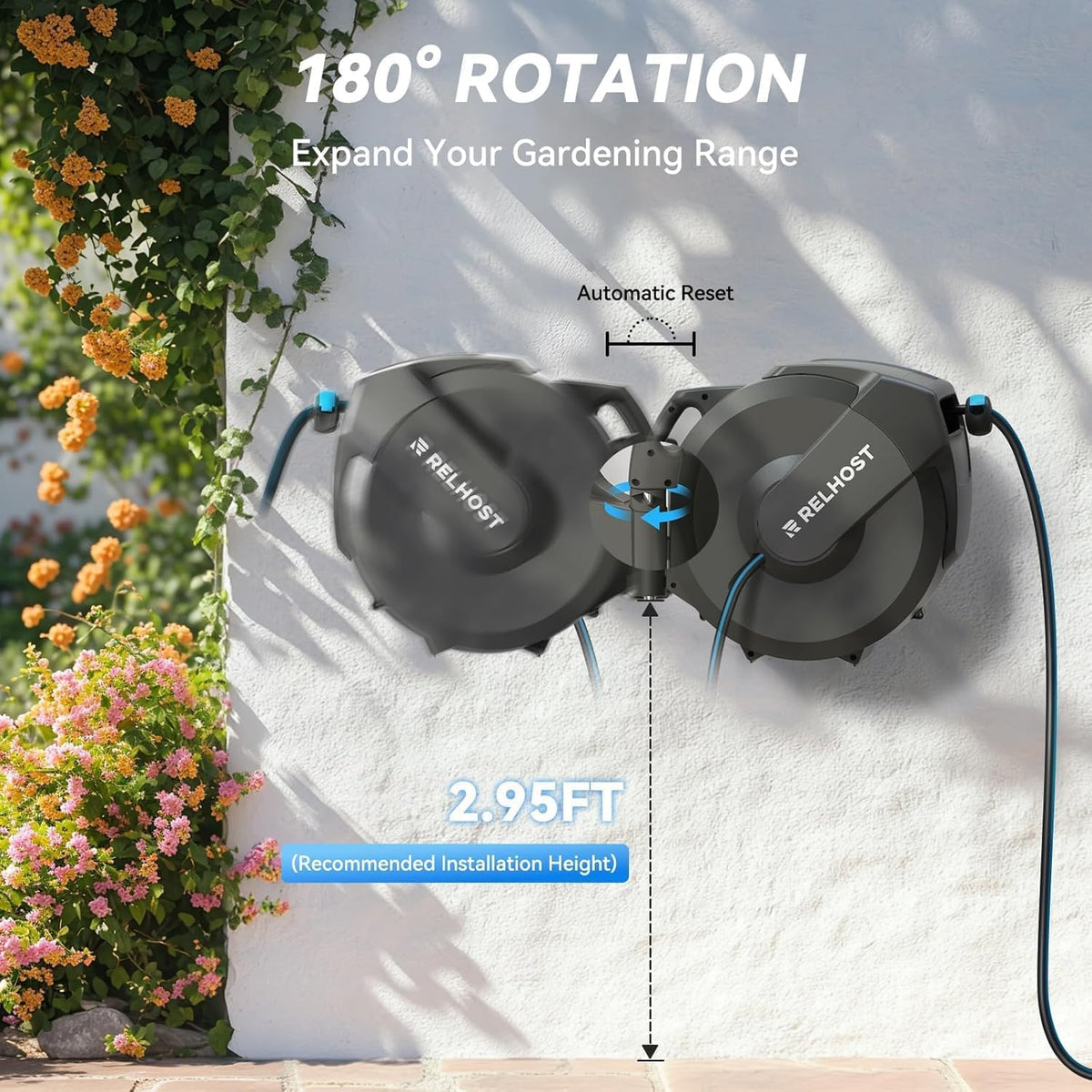 Retractable Garden Hose Reel, 1/2 in x 100 ft Wall Mount Heavy Duty with 10-Pattern Nozzle, Dark Grey Q552