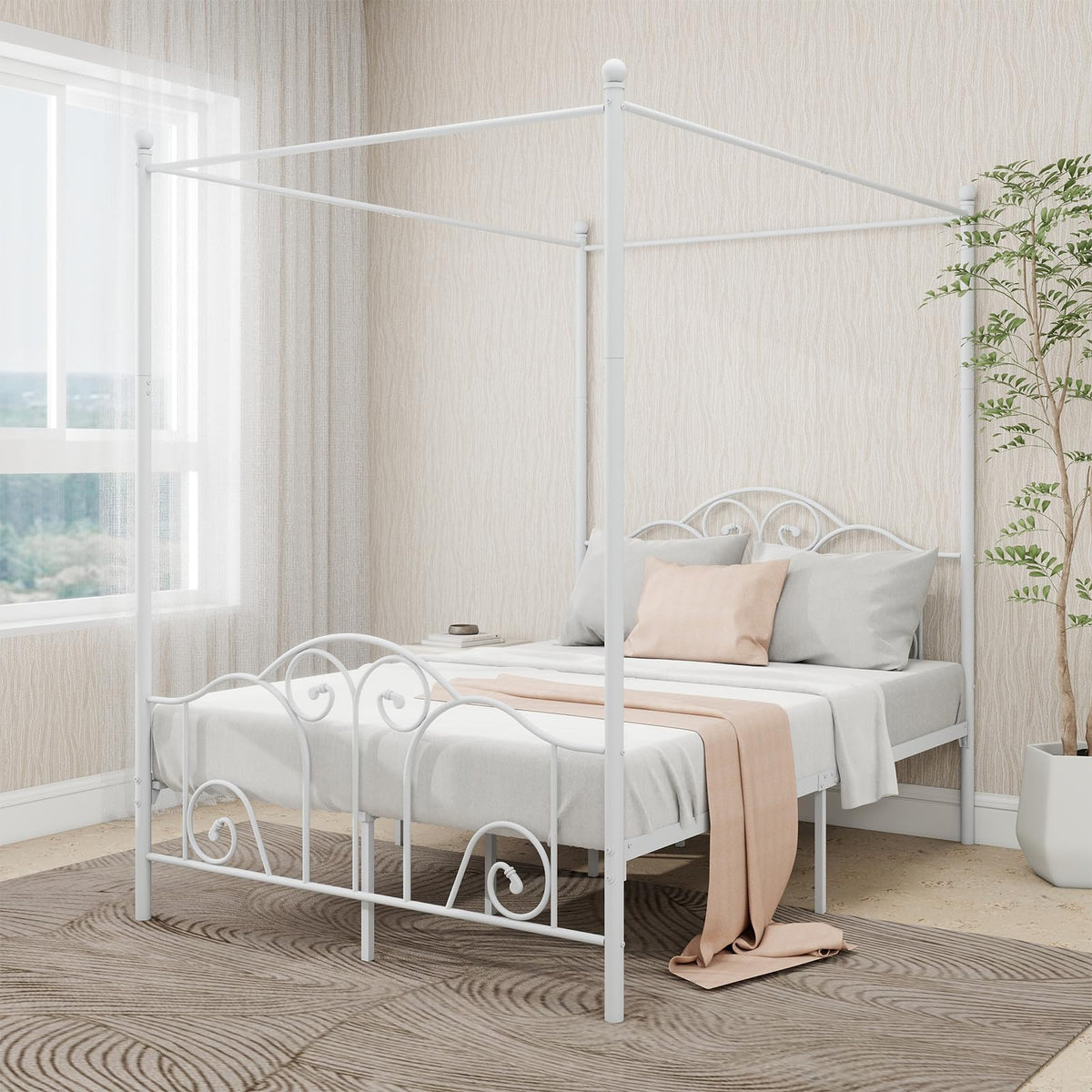 Metal Canopy Bed Frame Full Size with Headboard & Footboard Q92058