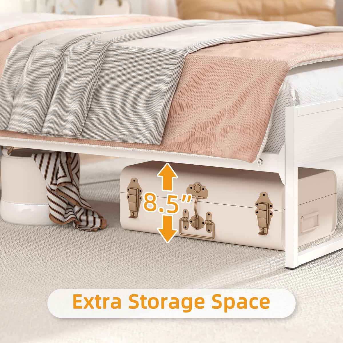 White Metal Twin Bed Frame with 2-Tier Storage Headboard H5039