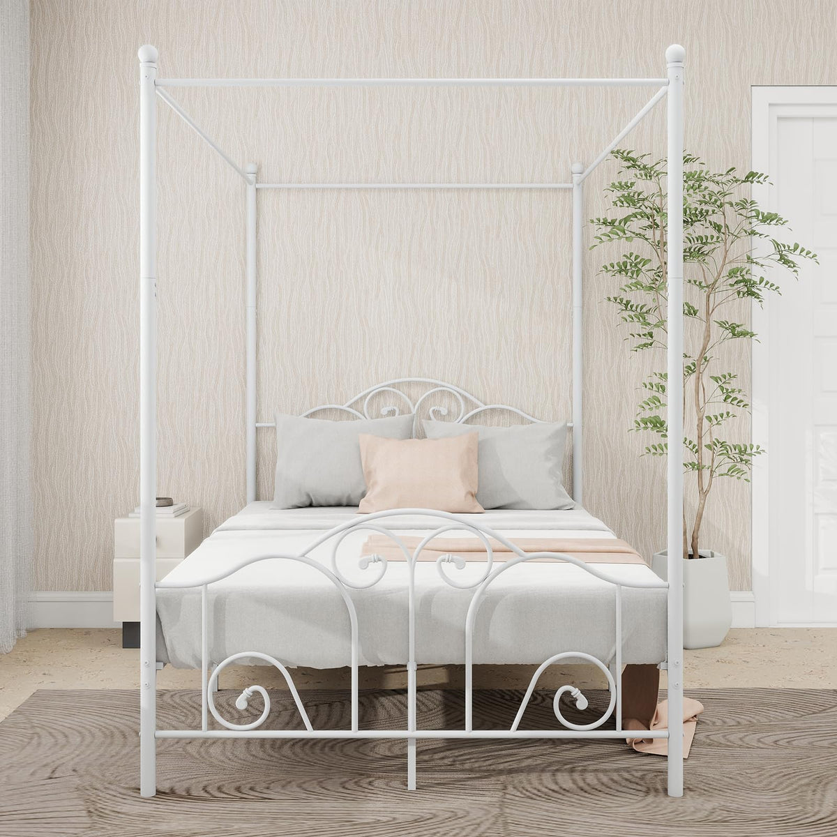 Metal Canopy Bed Frame Full Size with Headboard & Footboard Q92058