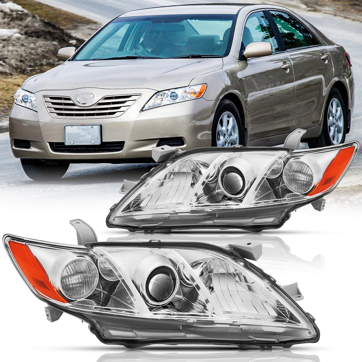 Headlights Assembly Pair Chrome Housing Amber Reflector Z5869