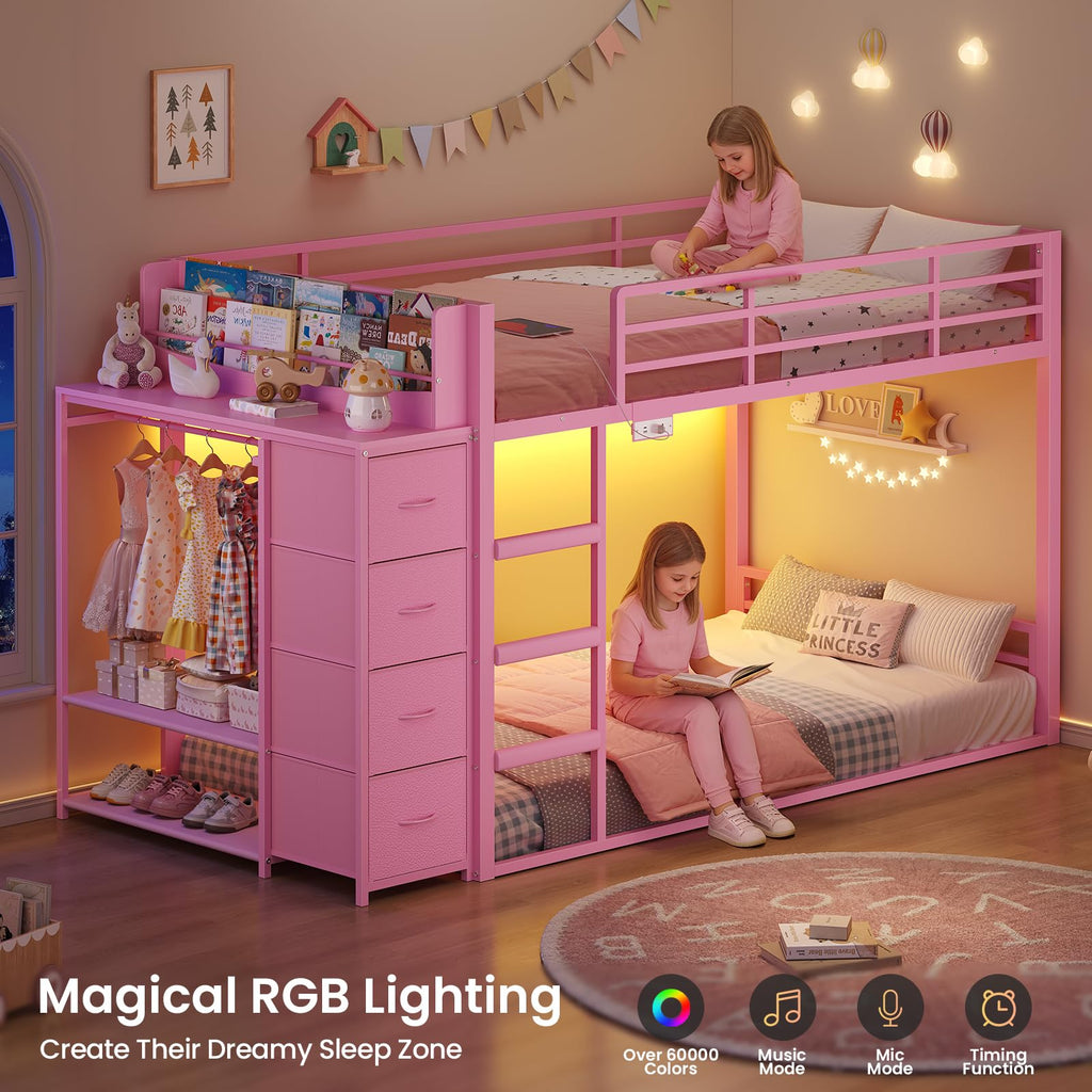 Pink Twin Over Twin Bunk Bed with Bookshelf & Storage Drawer Q121
