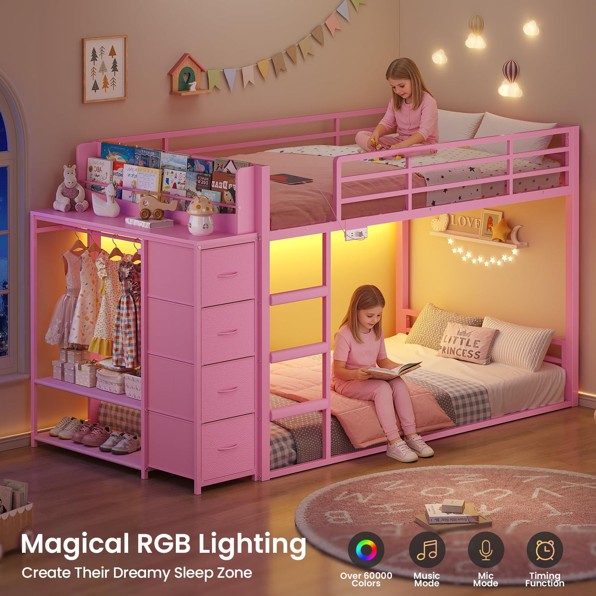 Pink Twin Over Twin Bunk Bed with Bookshelf & Storage Drawer Q121