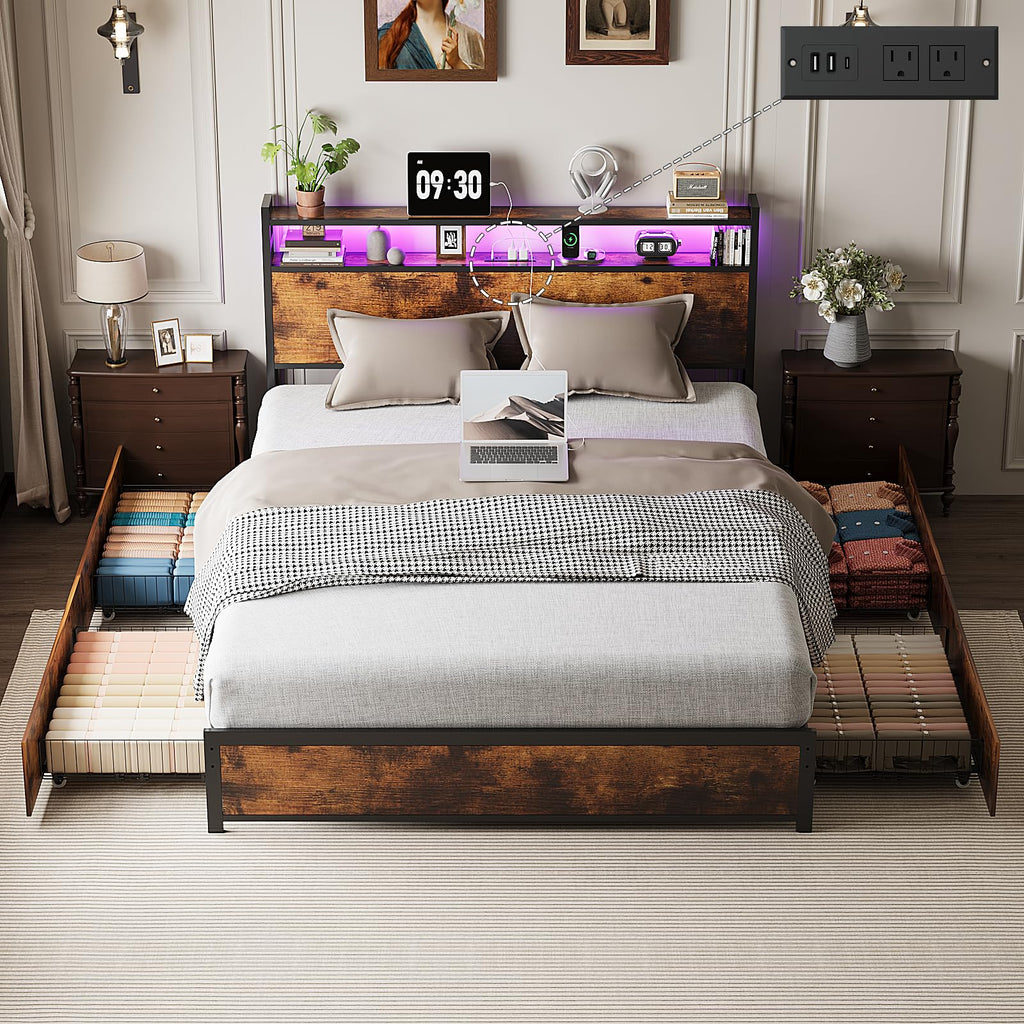 Queen Bed Frame with 4 Storage Drawers and Headboard D907
