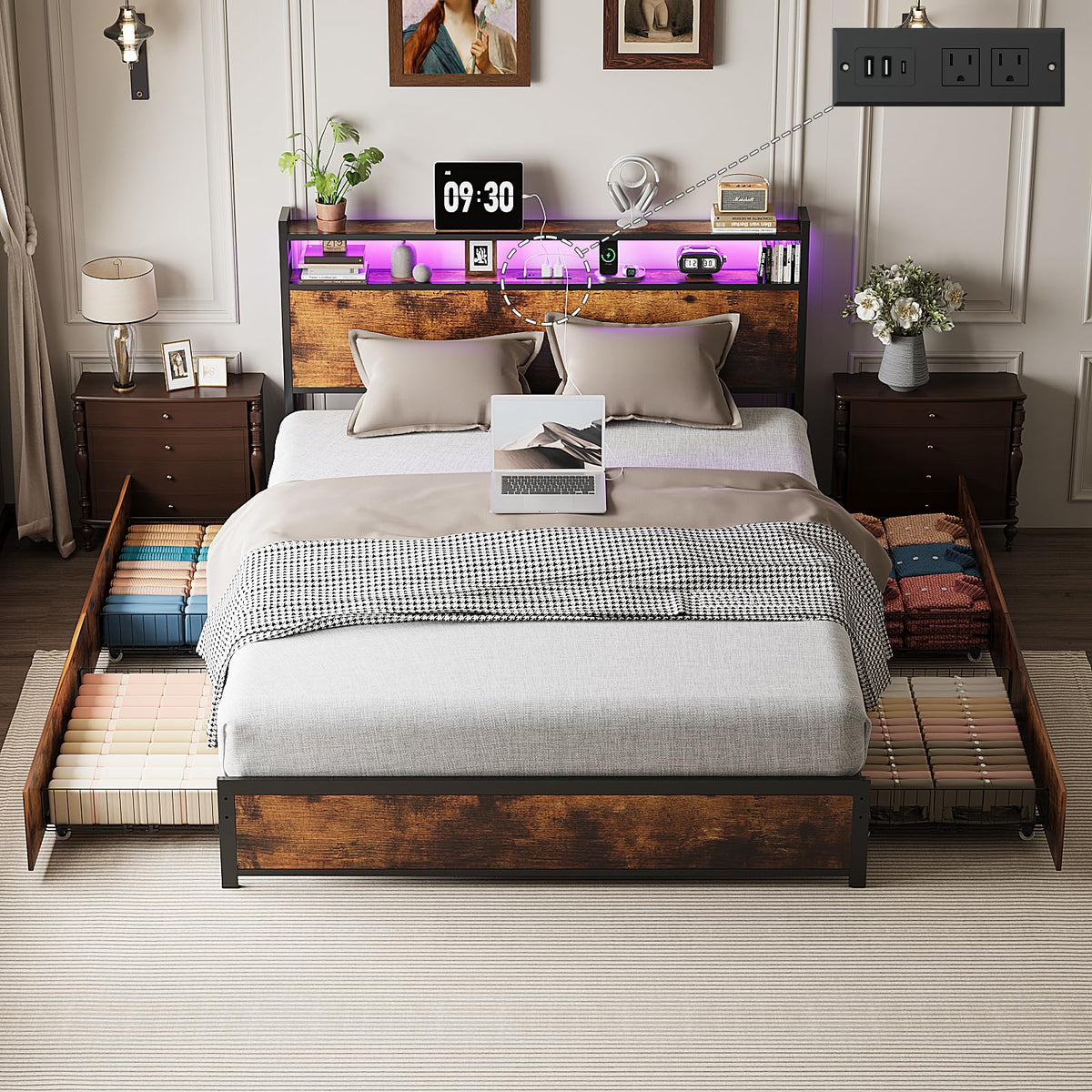 Queen Bed Frame with 4 Storage Drawers and Headboard D907