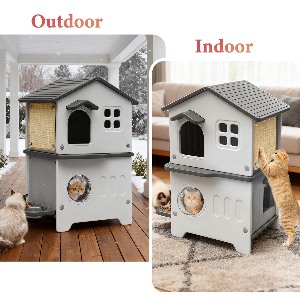 Insulated Outdoor Plastic Cat House with Cat Bowls J5156