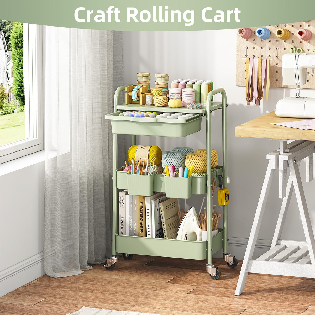 3 Tier Metal Rolling Cart with Drawer M428