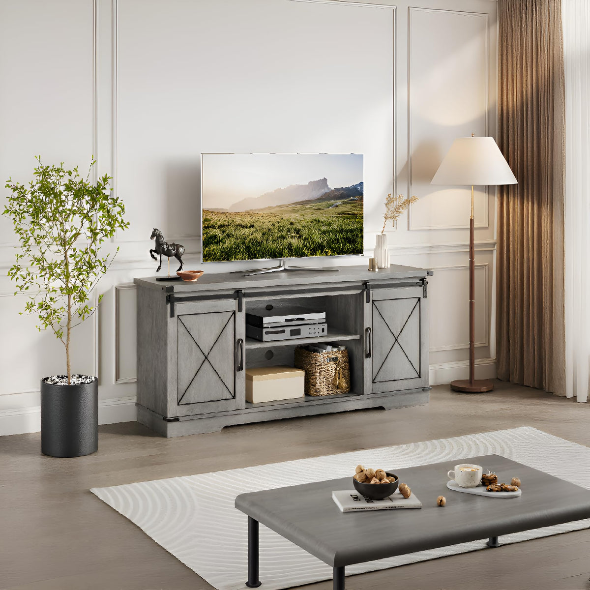 65" Rustic Farmhouse TV Stand with Sliding Barn Doors E356685