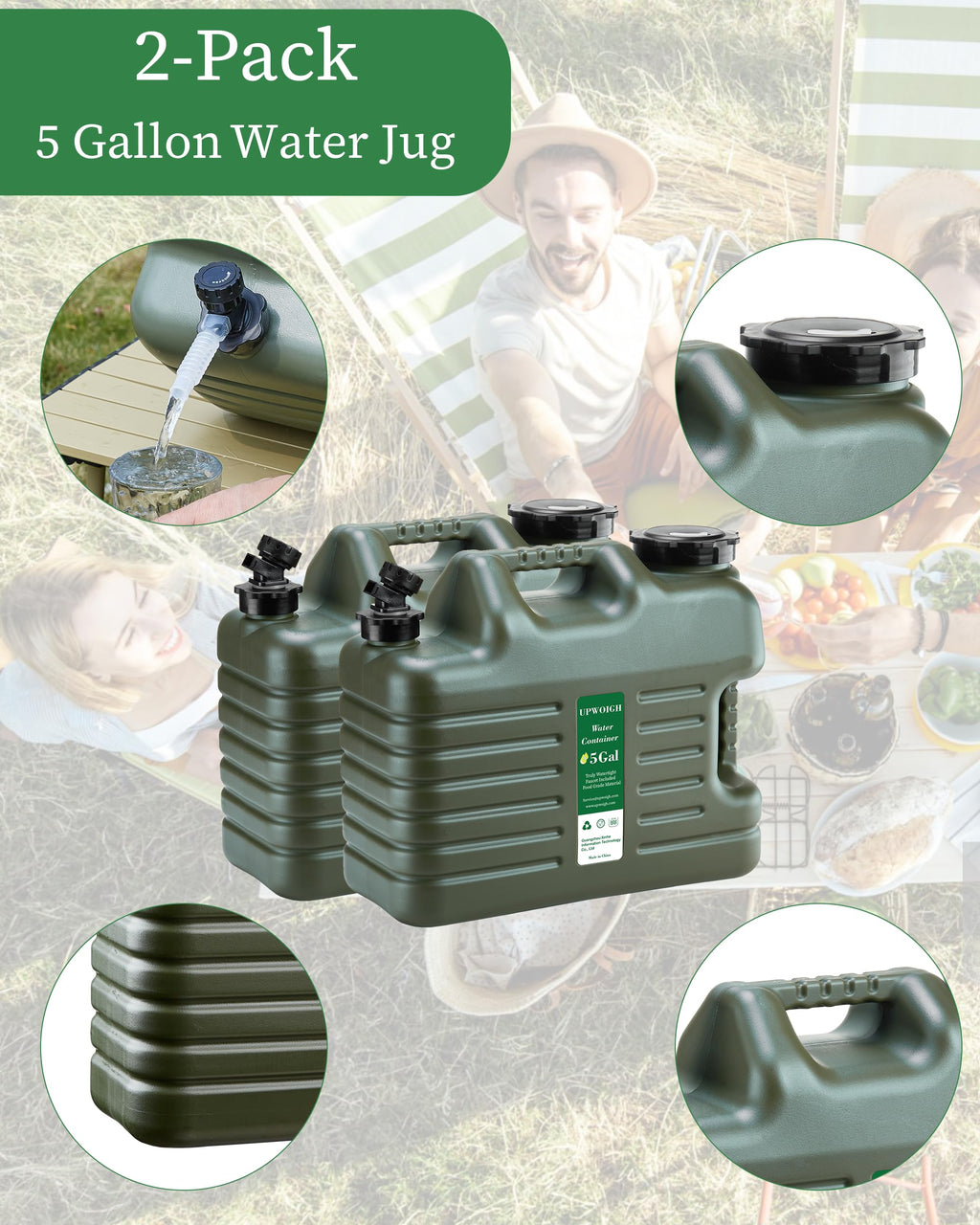 5 Gallon Camping Water Jug with Spigot, Military Green, 2 Pack X20844