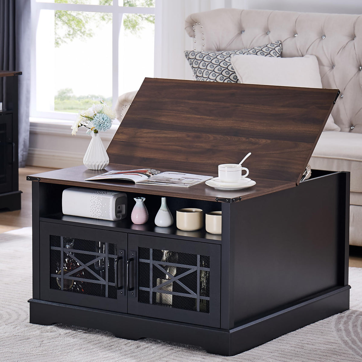 Black Coffee Table with Hidden Compartment Lift-up Top X741834