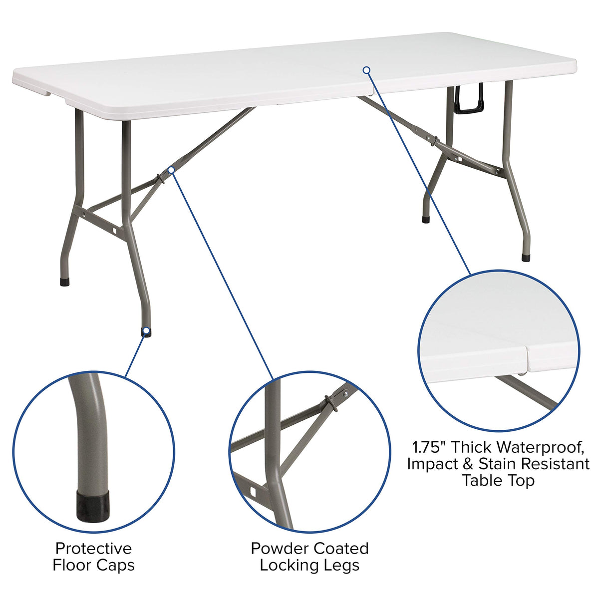 6-Foot Bi-Fold Granite White Plastic Folding Table with Carrying Handle I6516