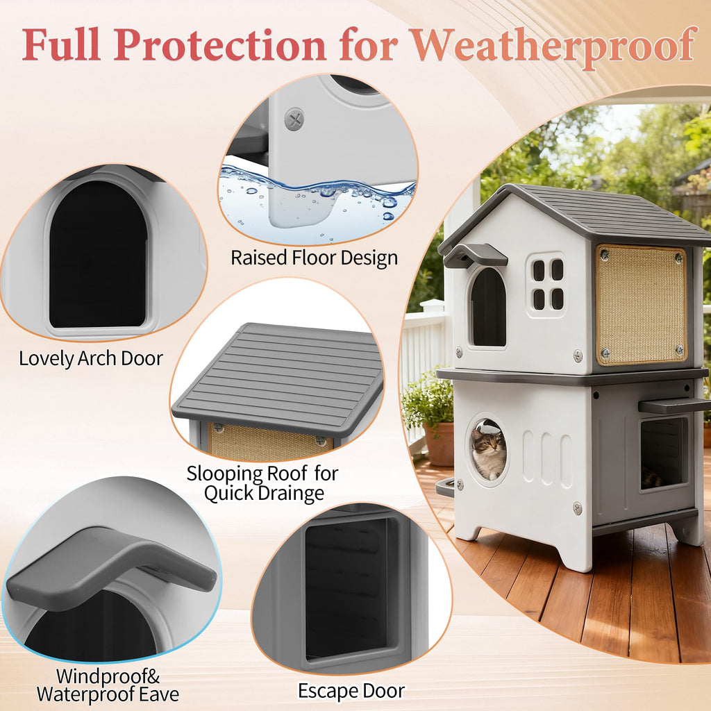 Insulated Outdoor Plastic Cat House with Cat Bowls J5156