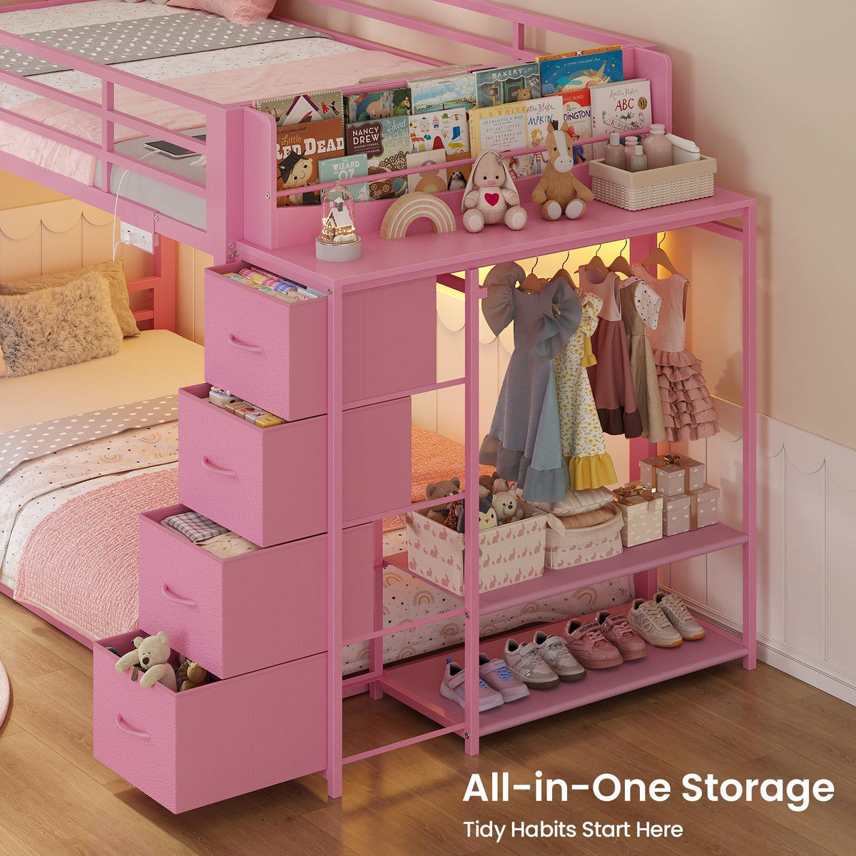 Pink Twin Over Twin Bunk Bed with Bookshelf & Storage Drawer Q121