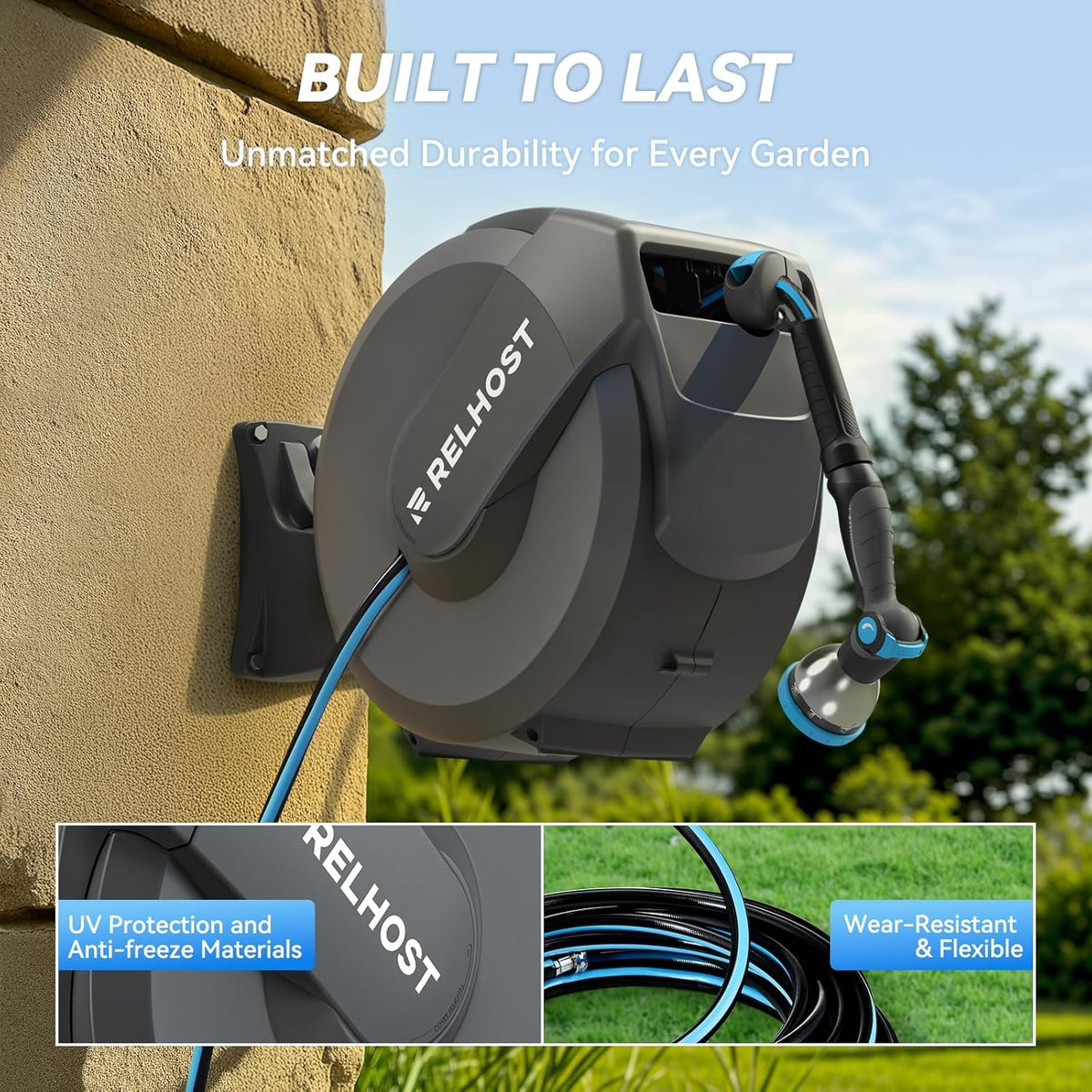 Retractable Garden Hose Reel, 1/2 in x 100 ft Wall Mount Heavy Duty with 10-Pattern Nozzle, Dark Grey Q552