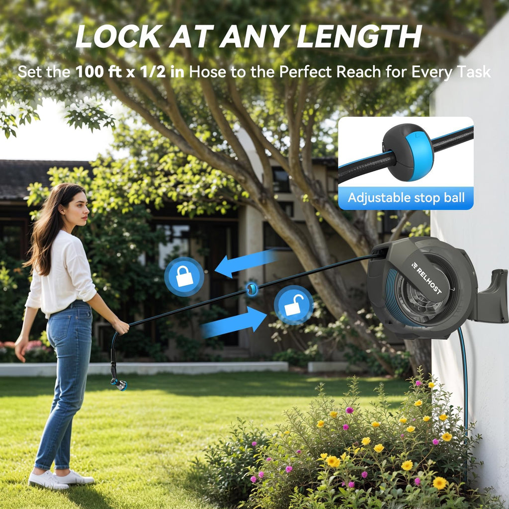 Retractable Garden Hose Reel, 1/2 in x 100 ft Wall Mount Heavy Duty with 10-Pattern Nozzle, Dark Grey Q552