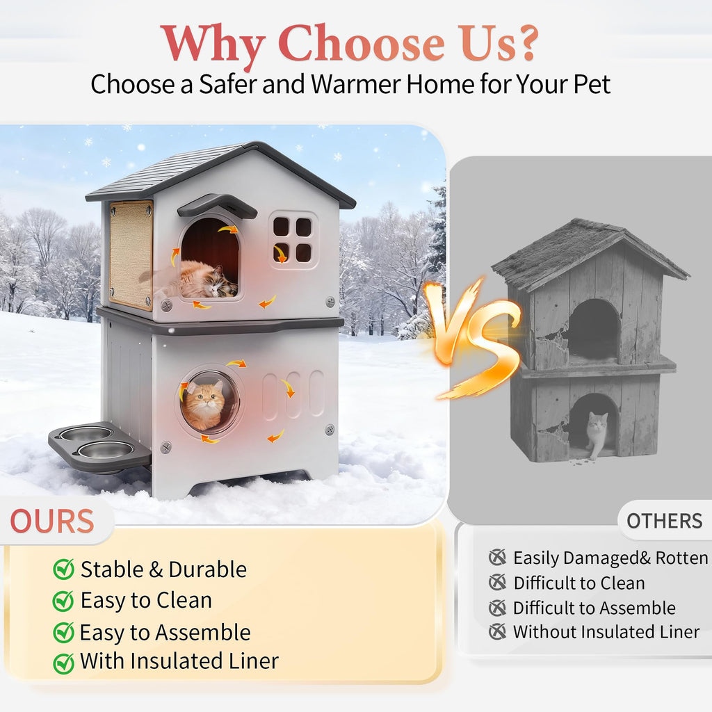 Insulated Outdoor Plastic Cat House with Cat Bowls J5156