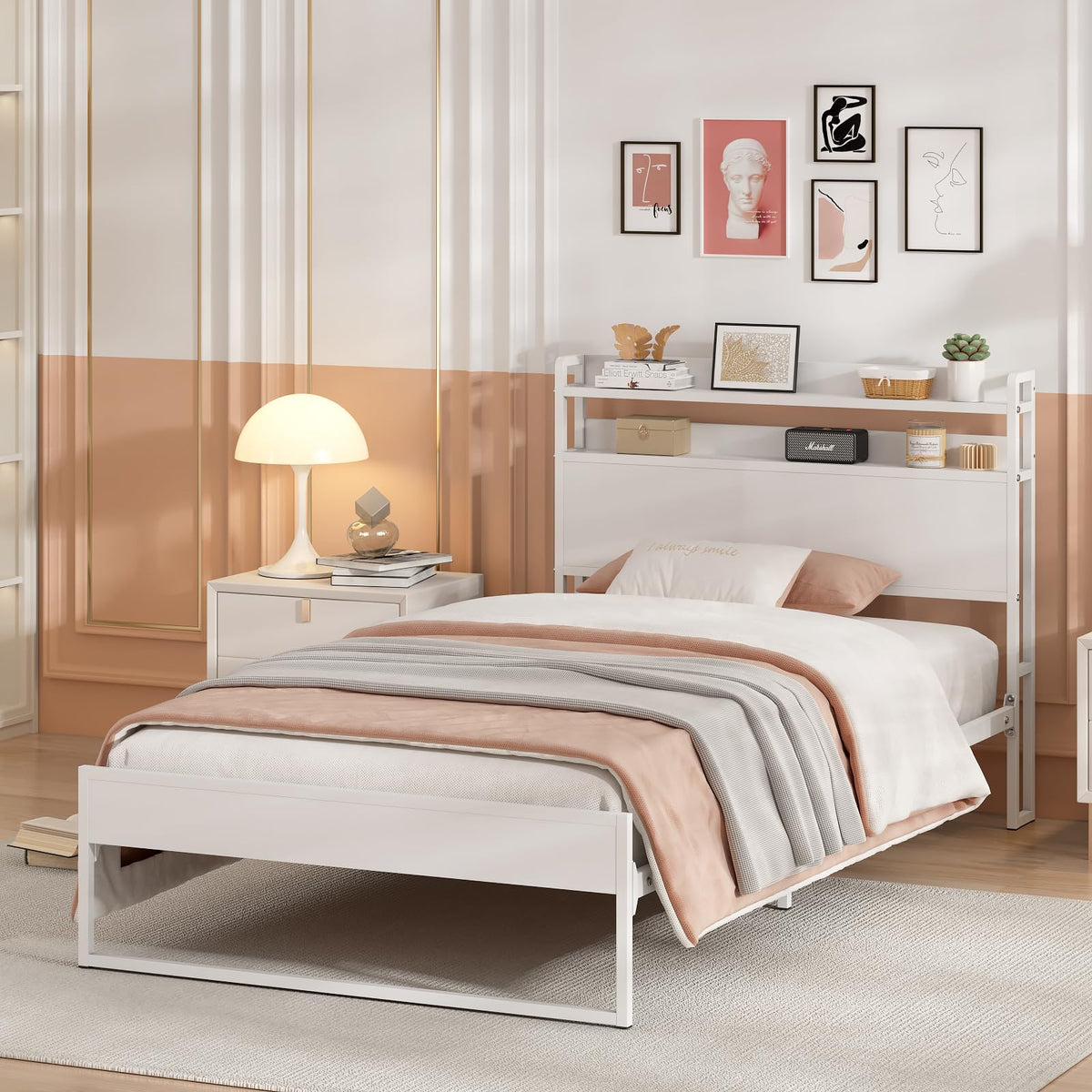 White Metal Twin Bed Frame with 2-Tier Storage Headboard H5039