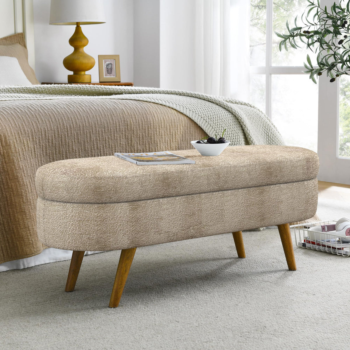 Oval Storage Bench with Rubber Wood Legs Gray P28834