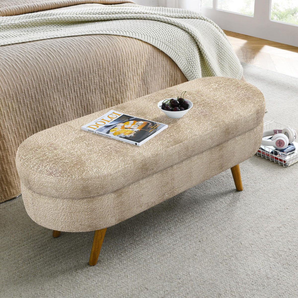 Oval Storage Bench with Rubber Wood Legs Gray P28834